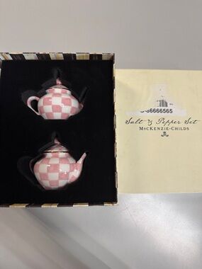 MacKenzie-Childs Pink Check Teapot Salt & Pepper Set